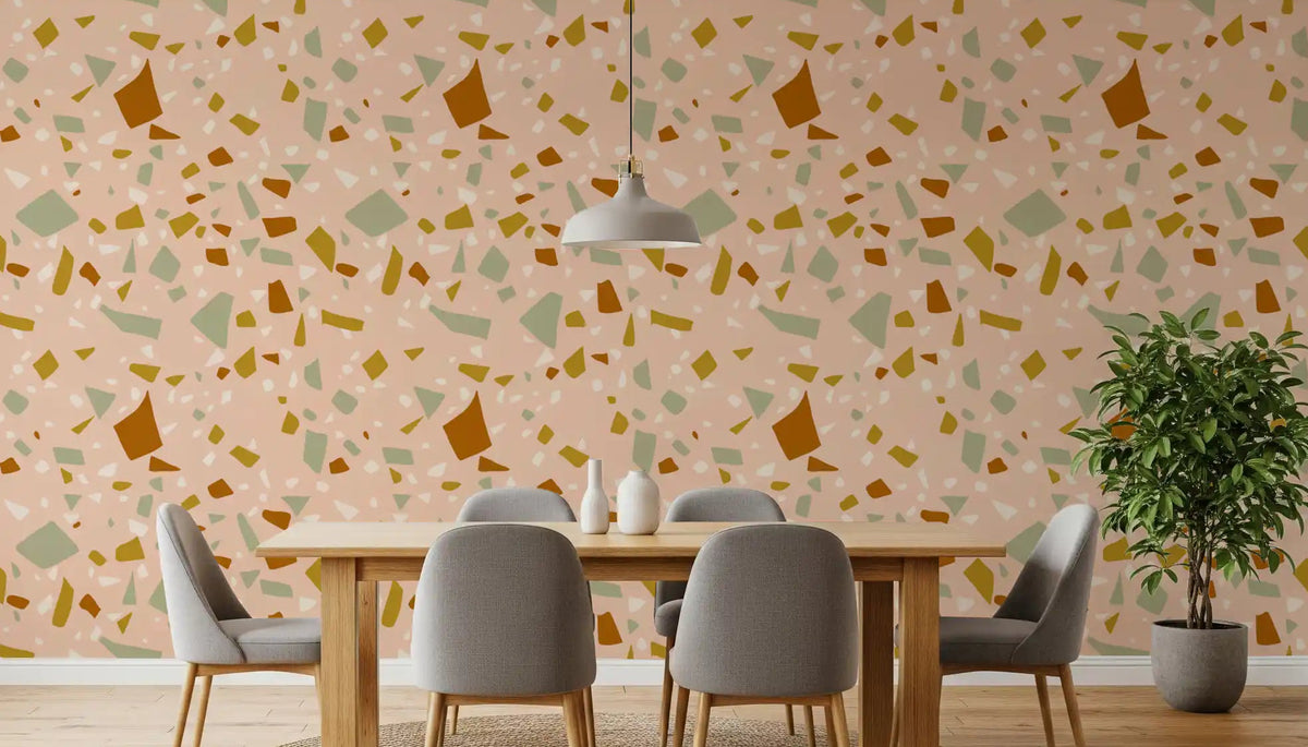 Dining room wall showing scattered Mediterranean terrazzo fragment detailing