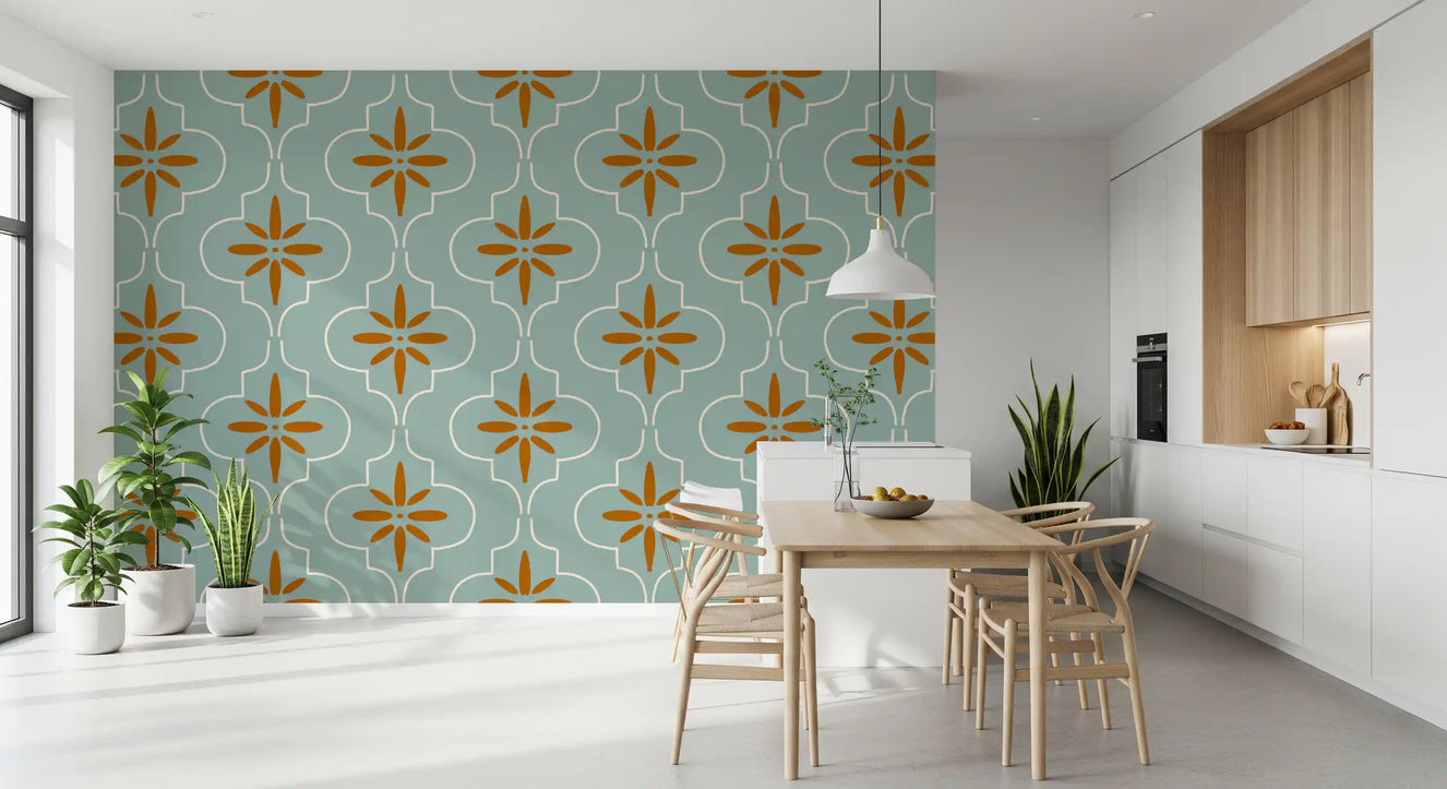 Teal Terracotta Tile Wallpaper Mediterranean Geometric Wallpaper⁠