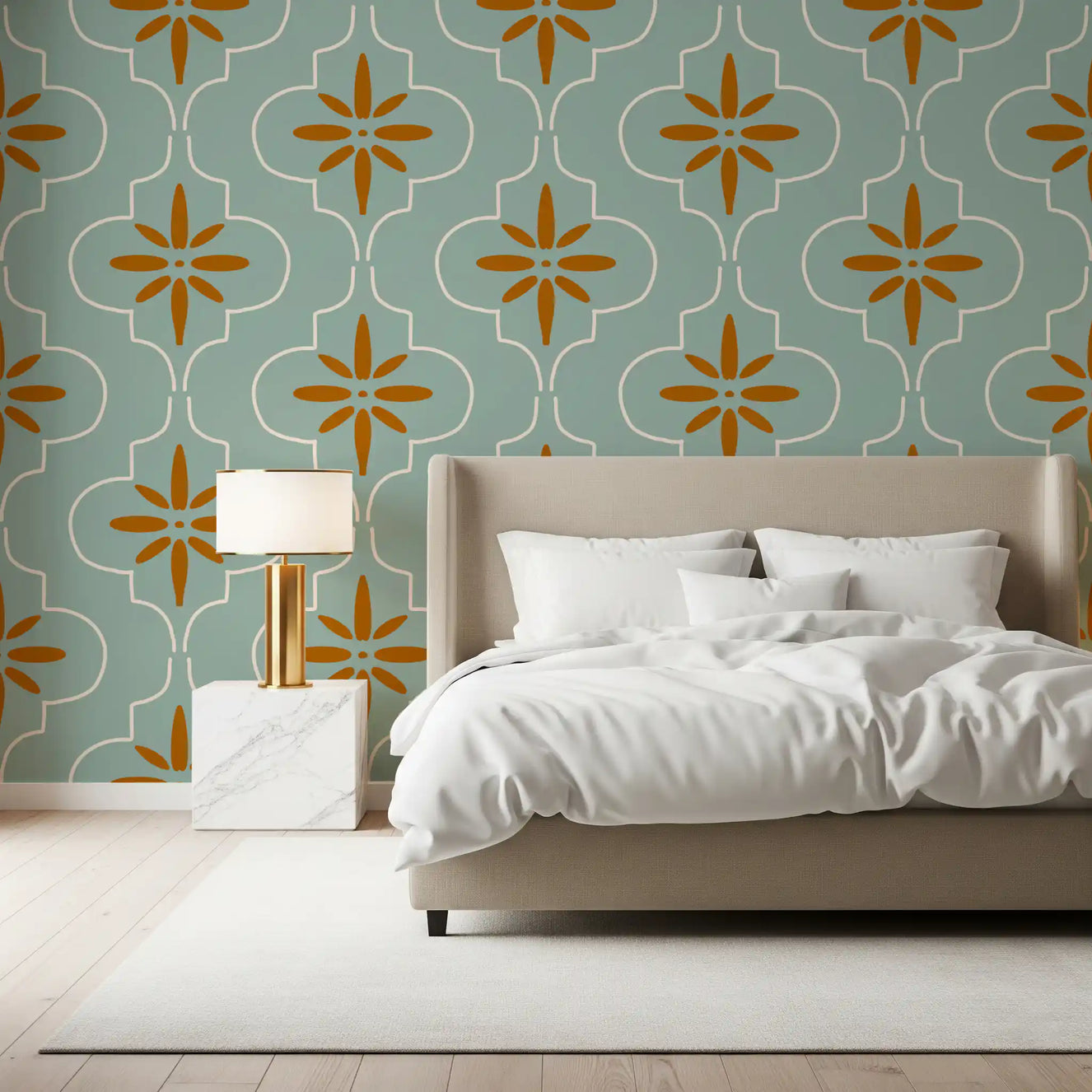 Bedroom with Teal Terracotta Tile wallpaper and geometric motifs