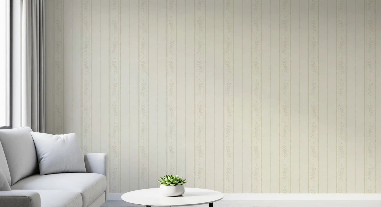 Hallway Vintage Ticking Wallpaper with cream ivory floral stripe detail
