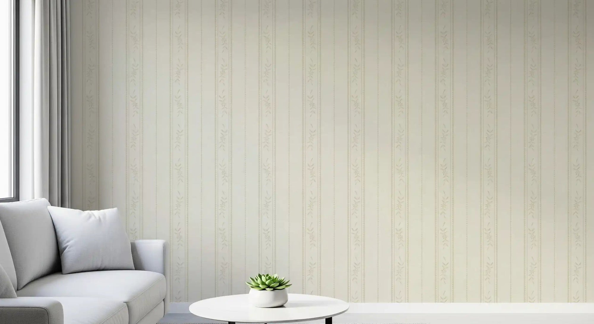 Hallway Vintage Ticking Wallpaper with cream ivory floral stripe detail