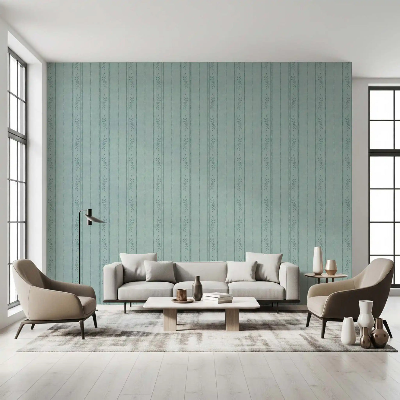 Living room featuring Blue Ticking Wallpaper with soft vintage floral bands