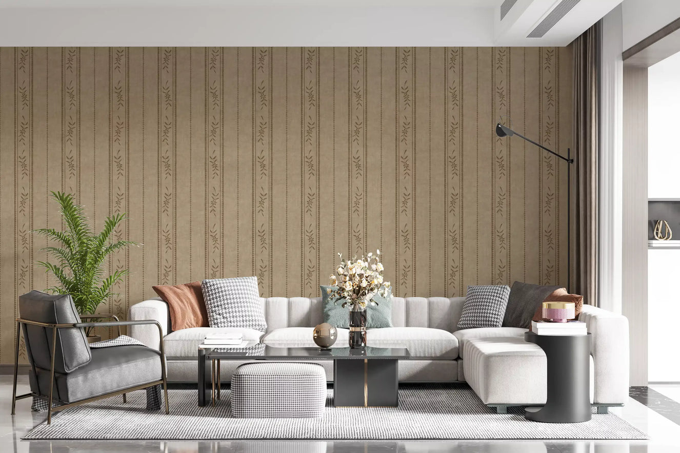 Living room featuring Vintage Ticking Wallpaper with small floral stripe detail