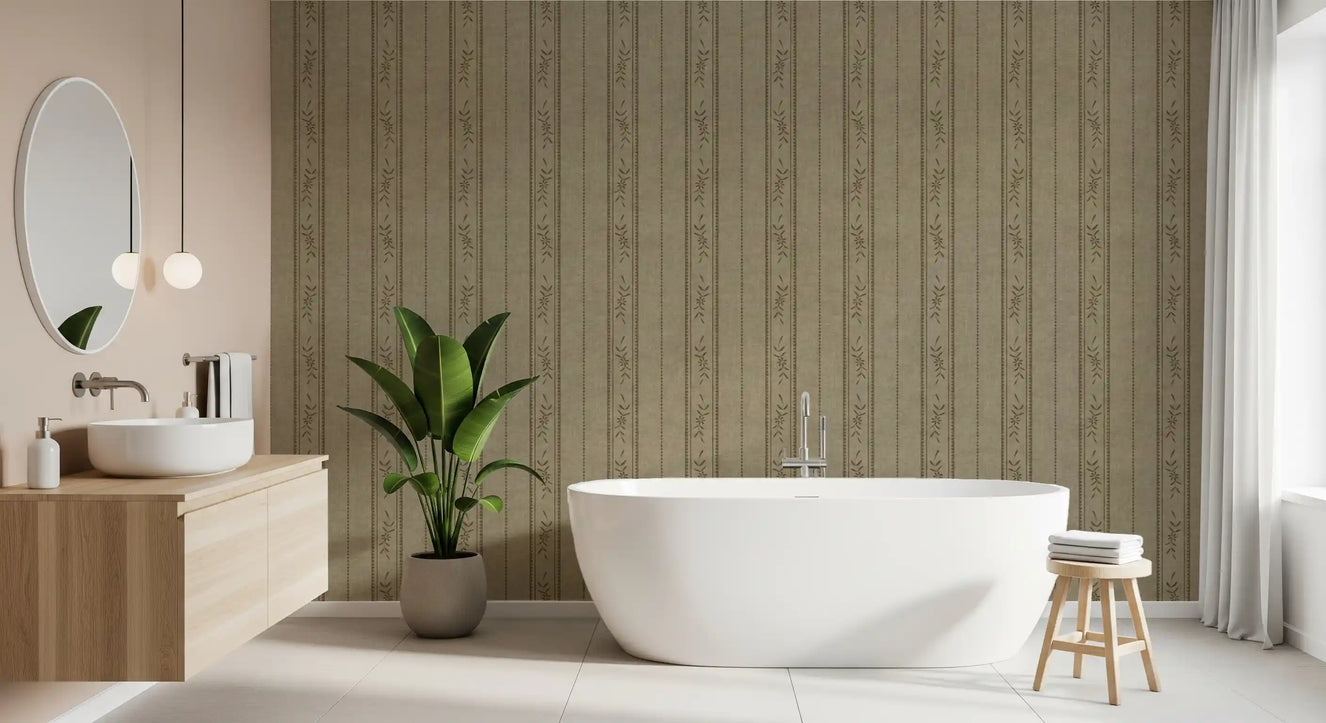 Bathroom styled in vintage linen stripe wallpaper with taupe floral bands