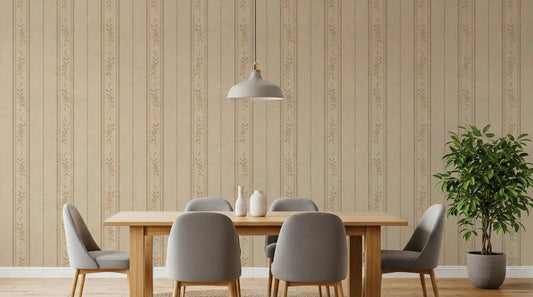 Dining room with Vintage Ticking Stripe Linen Wallpaper in soft sand beige tones