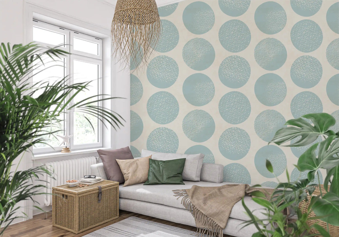 Hallway styled in blue circle wallpaper with textured stippled dots