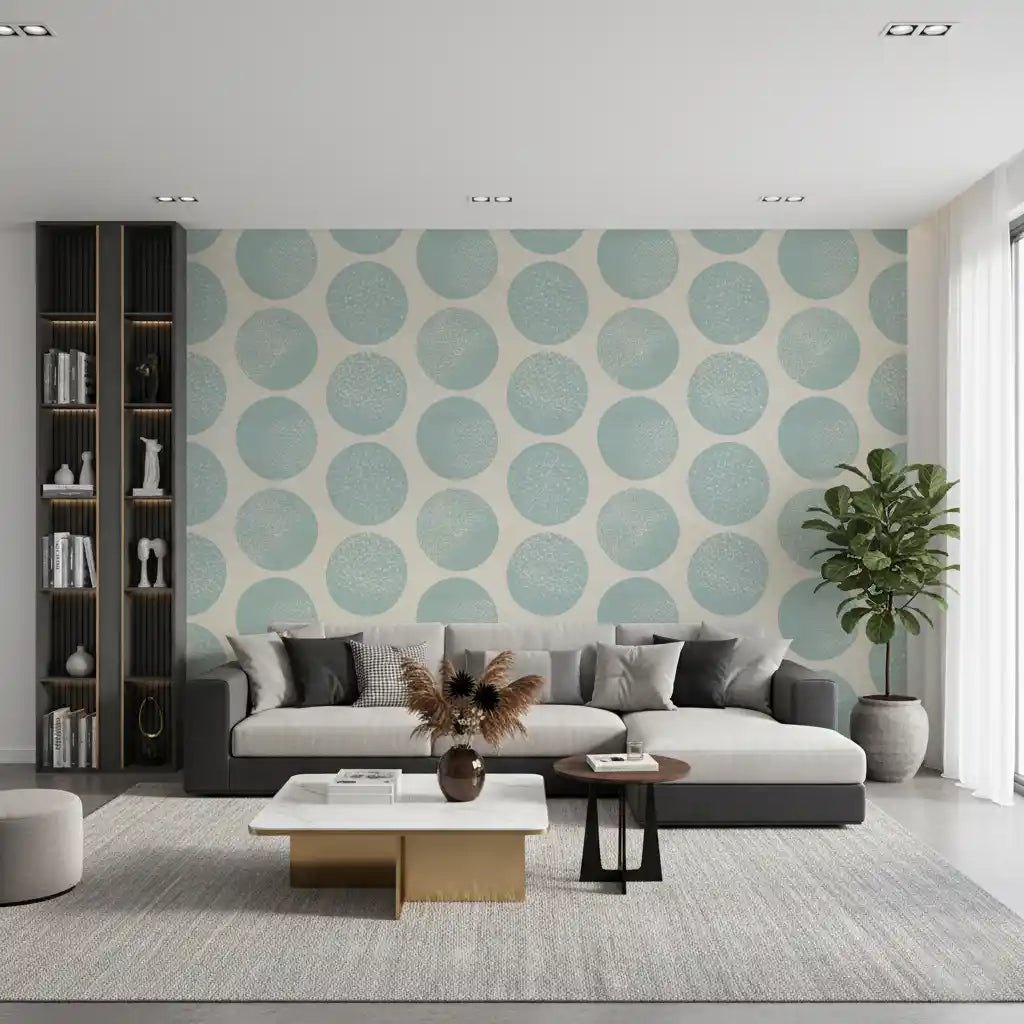 Living room with soft blue dot wallpaper on a warm beige background