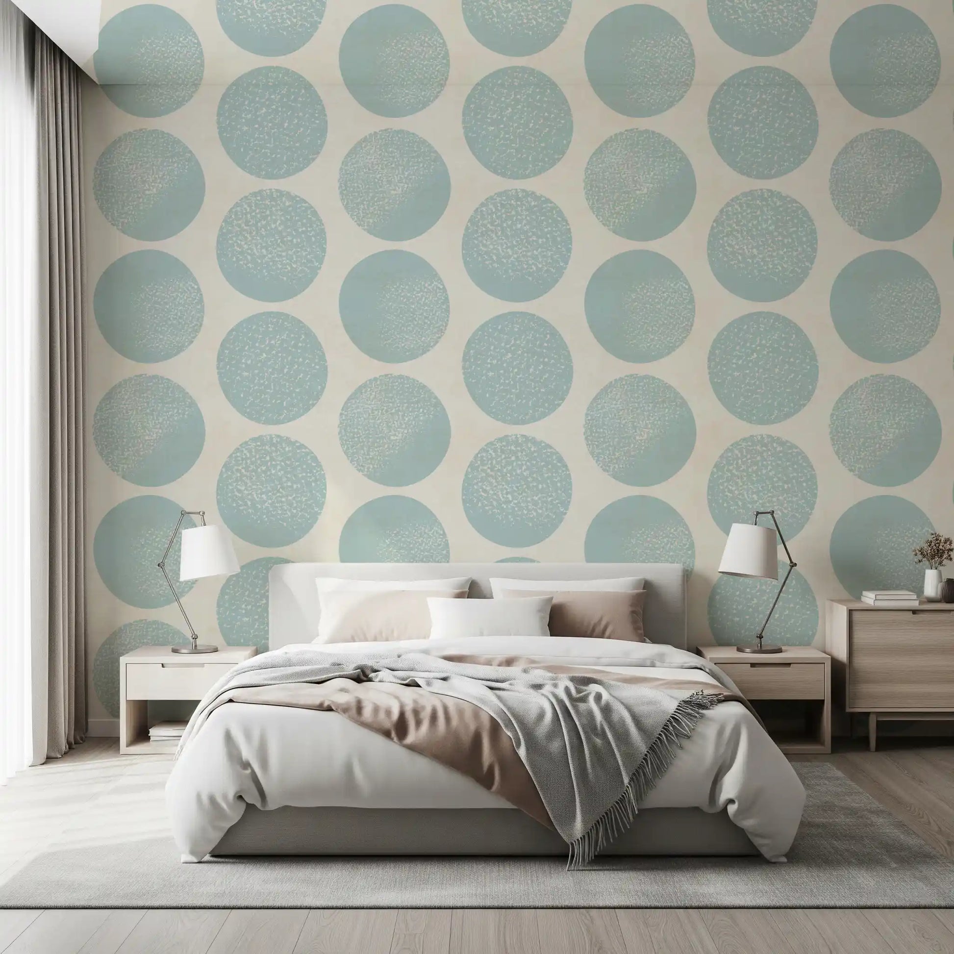 Blue and beige wallpaper showing speckled circles in an open repeat