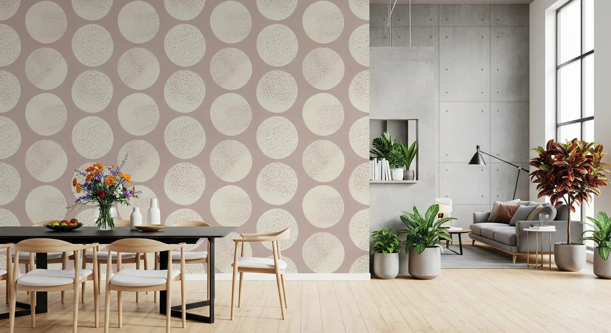 Dining room featuring cream dusty rose wallpaper with soft circular shapes