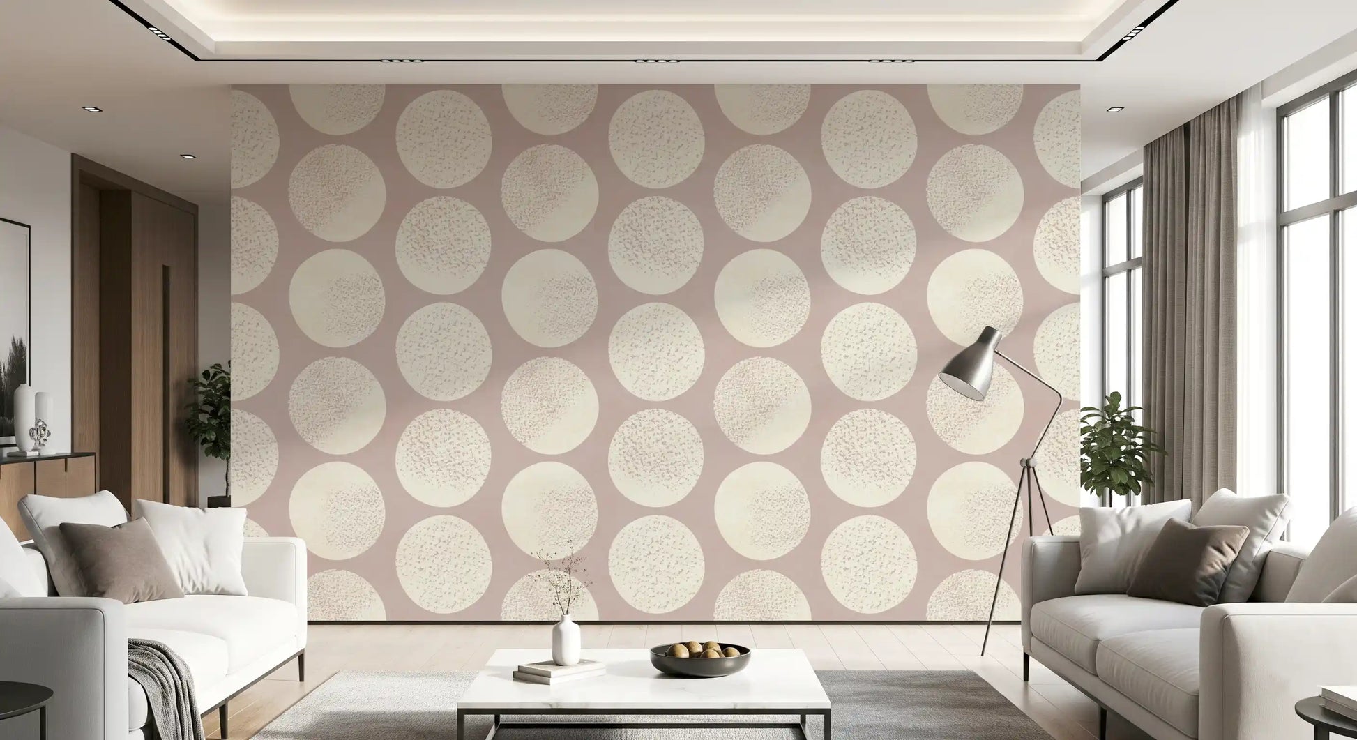 Living room with rose cream dot wallpaper and oversized textured circles