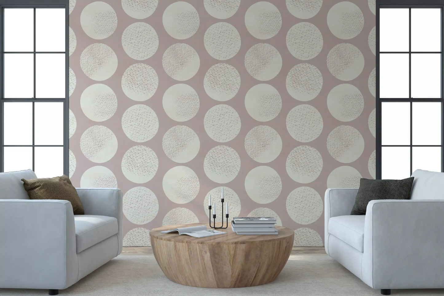Cream circle wallpaper in dusty rose tones with light speckled detail