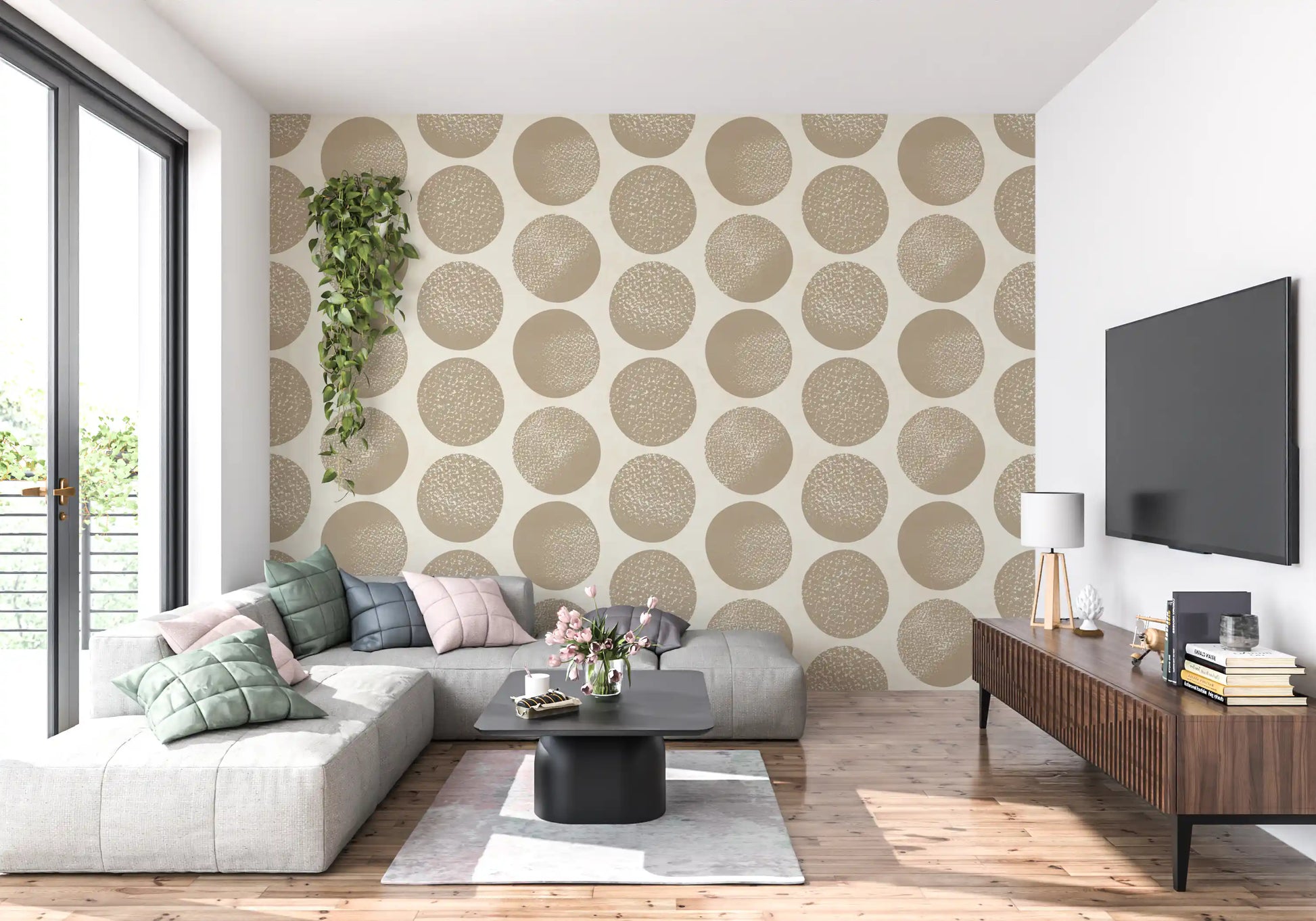 Hallway featuring cream wallpaper with oversized warm beige circles