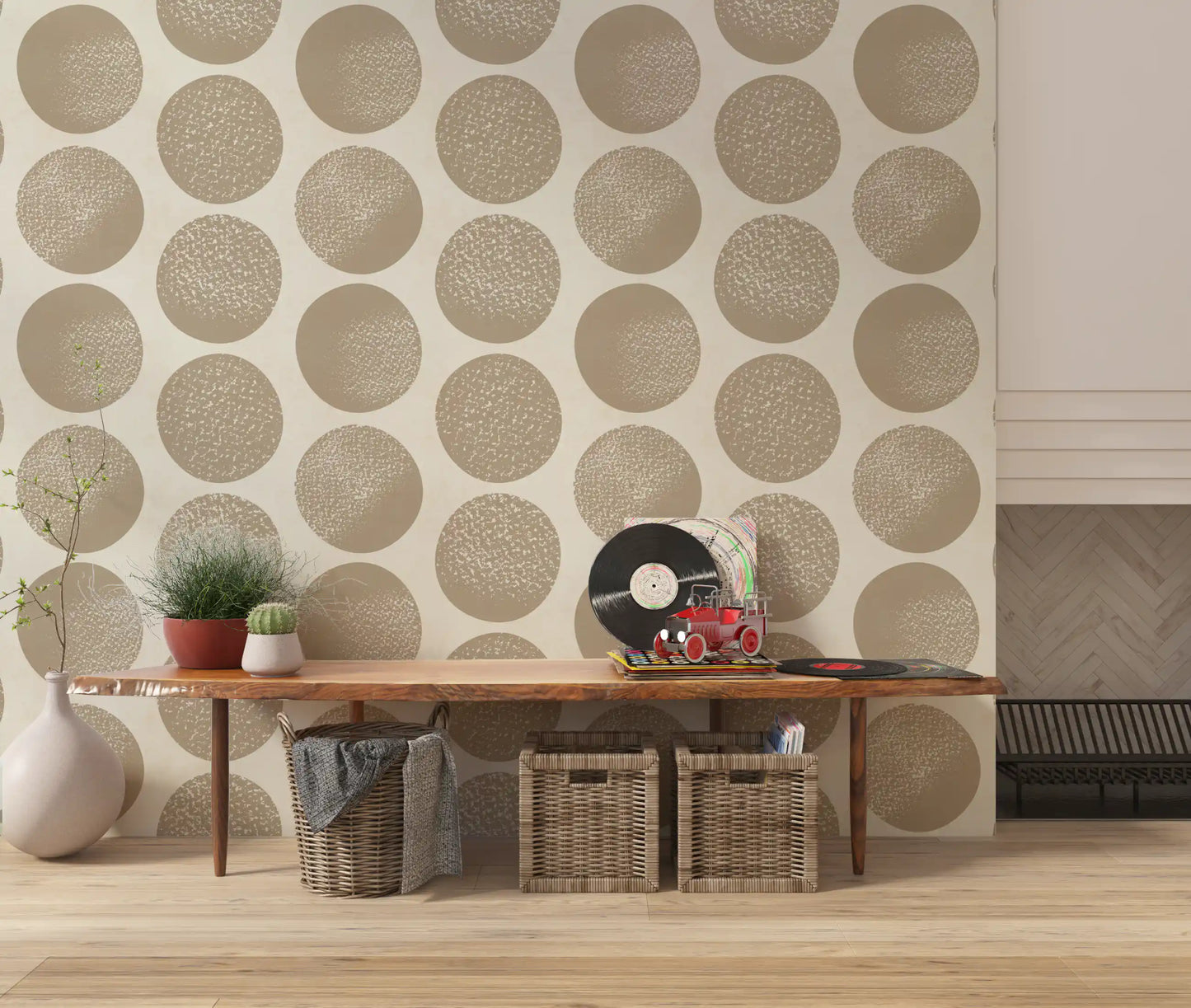 Organic polka dot wallpaper with large warm beige circles on cream