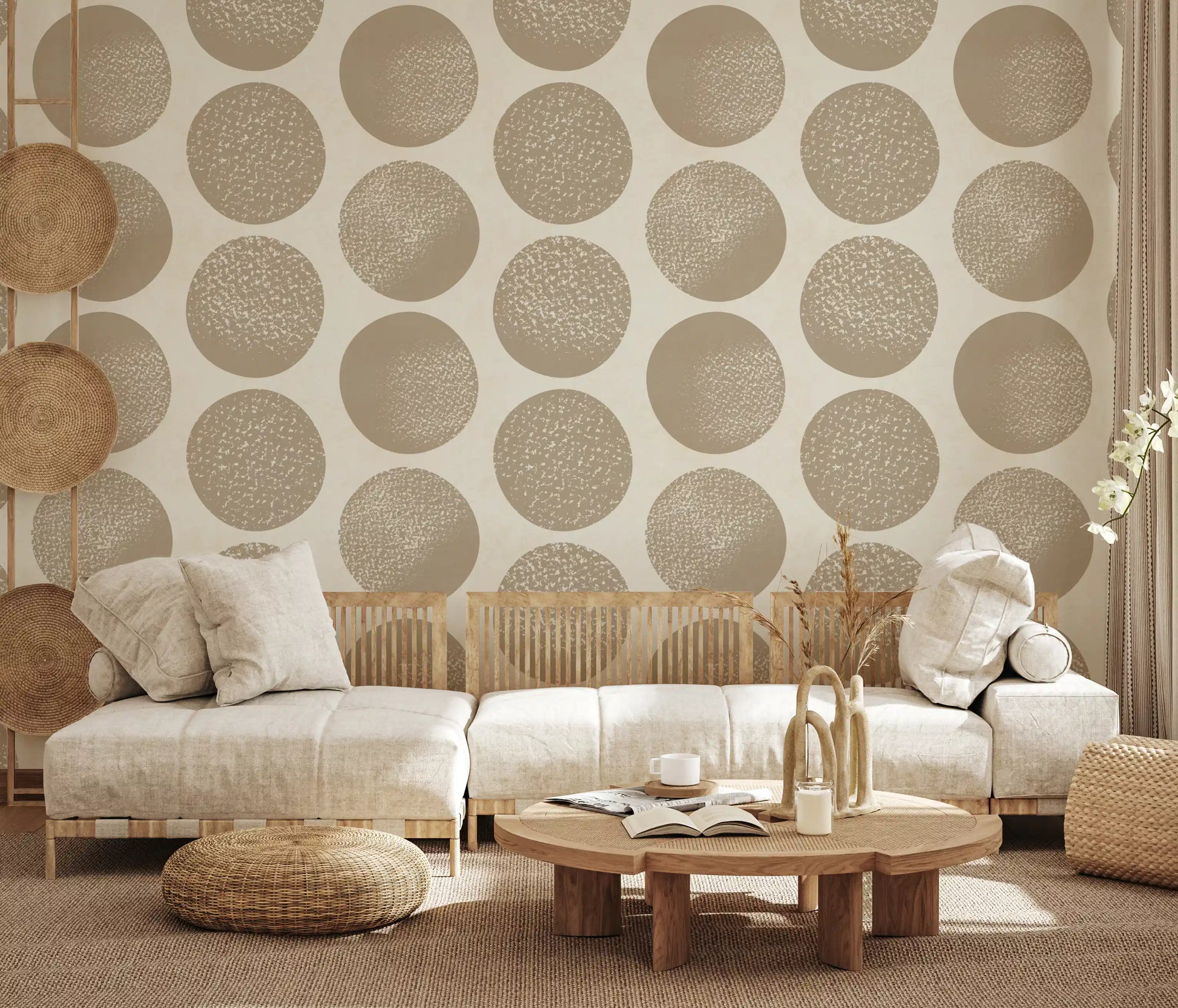 Warm beige wallpaper with textured circular motifs and open spacing