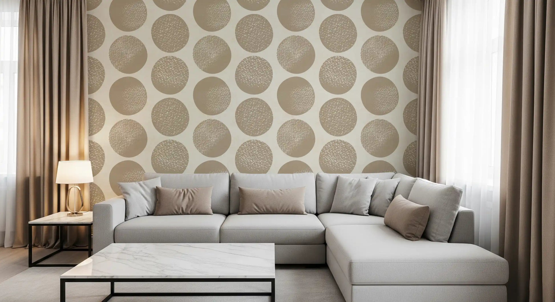 Stippled beige dot wallpaper with a clean cream base and soft contrast