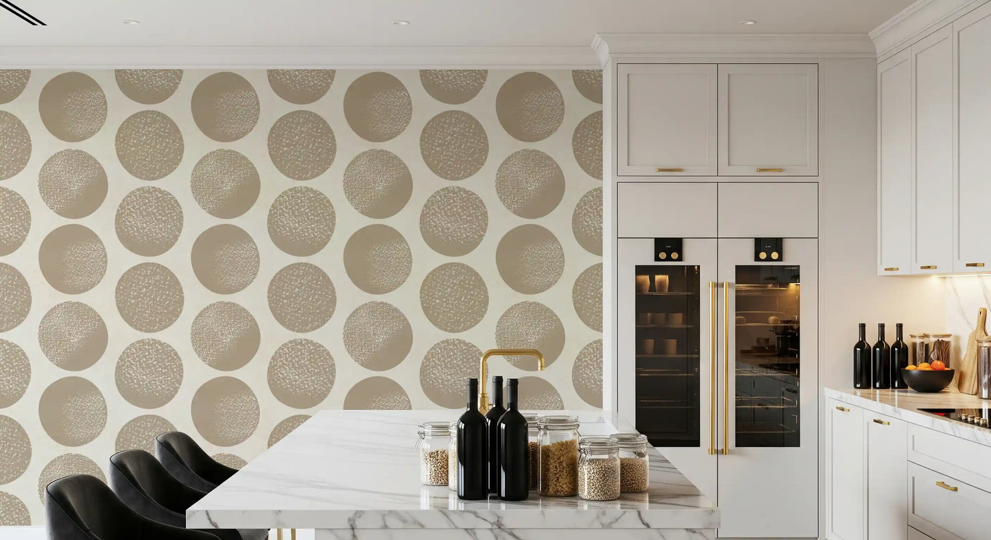 Kitchen area using modern polka dot wallpaper with textured beige shapes