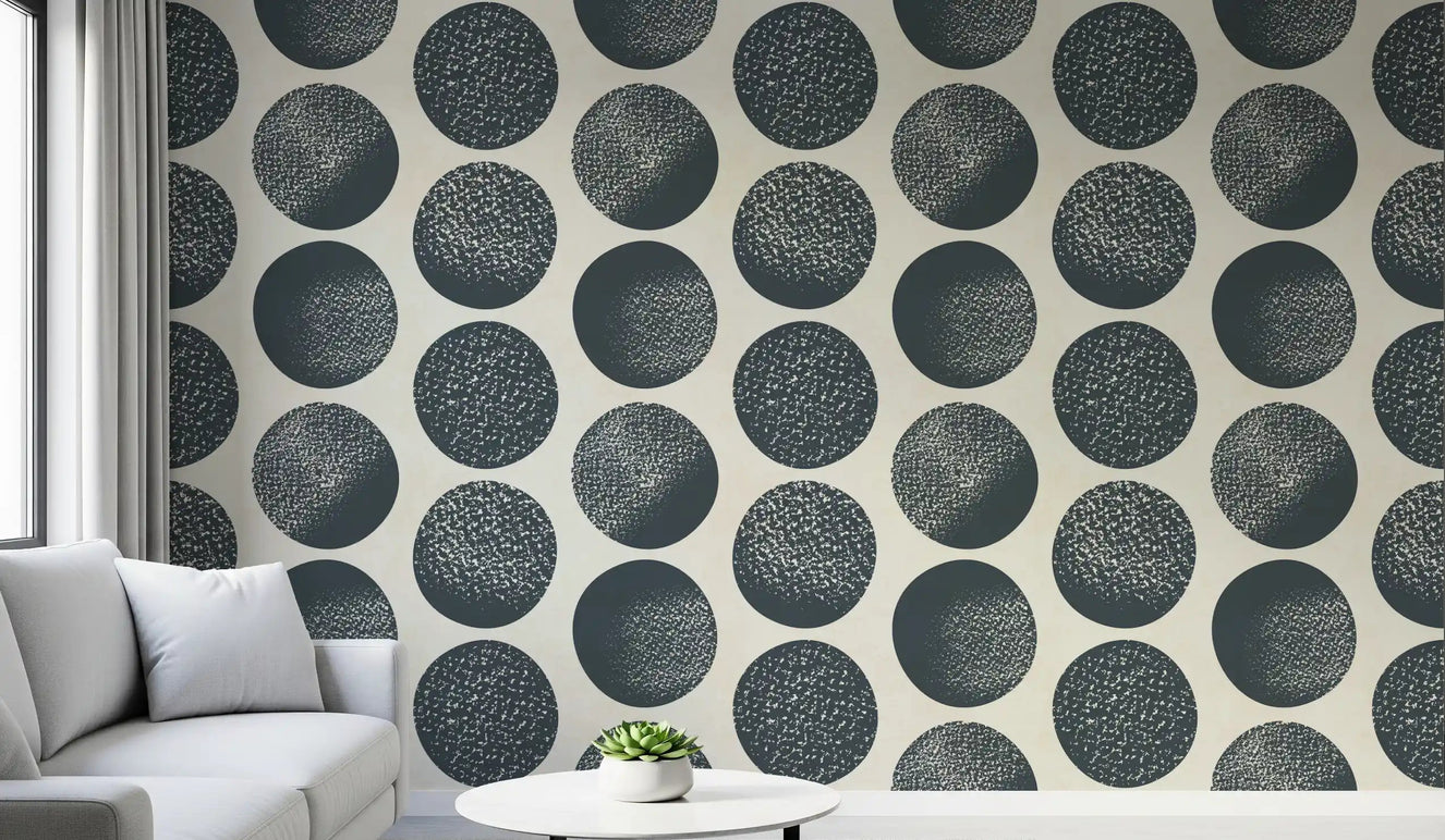 Office wall with cream dot wallpaper and dark blue textured motifs