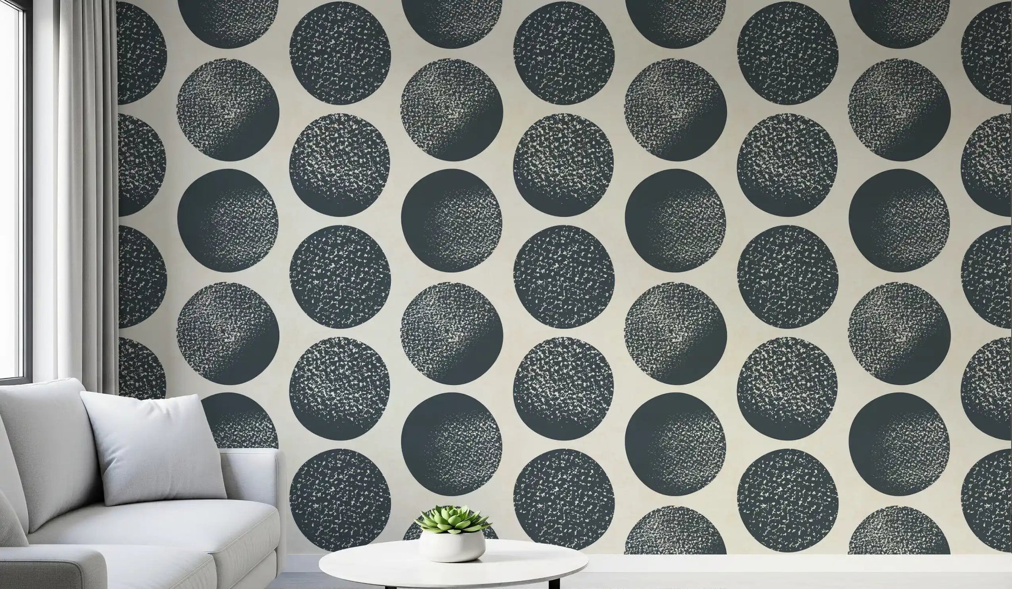 Office wall with cream dot wallpaper and dark blue textured motifs