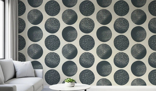 Office wall with cream dot wallpaper and dark blue textured motifs