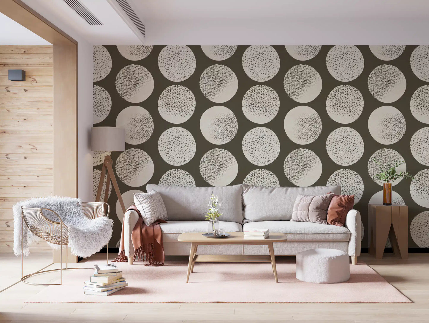 Oversized dots shape this modern wallpaper with soft textured detailing