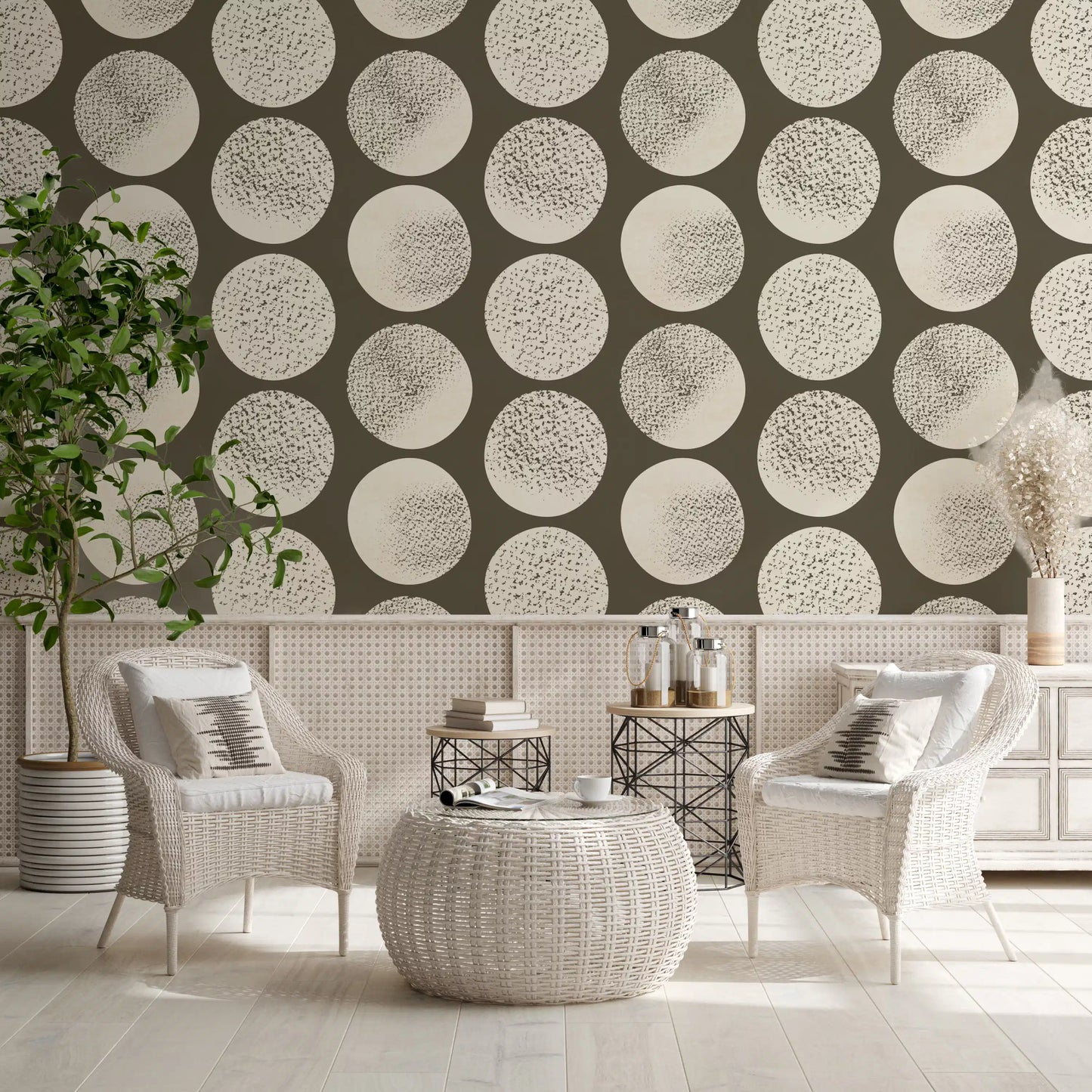 Textured dot wallpaper with rich brown grounding and cream round shapes