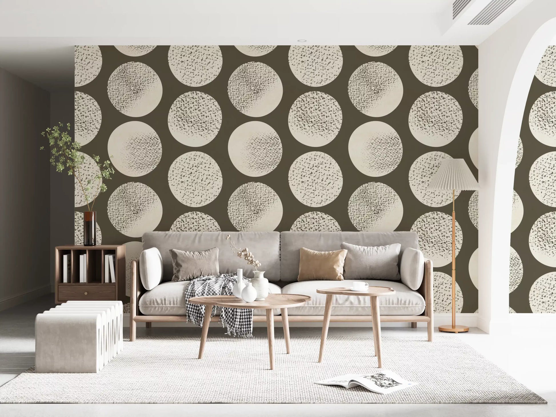 Study room styled with stippled dot wallpaper and oversized round motifs