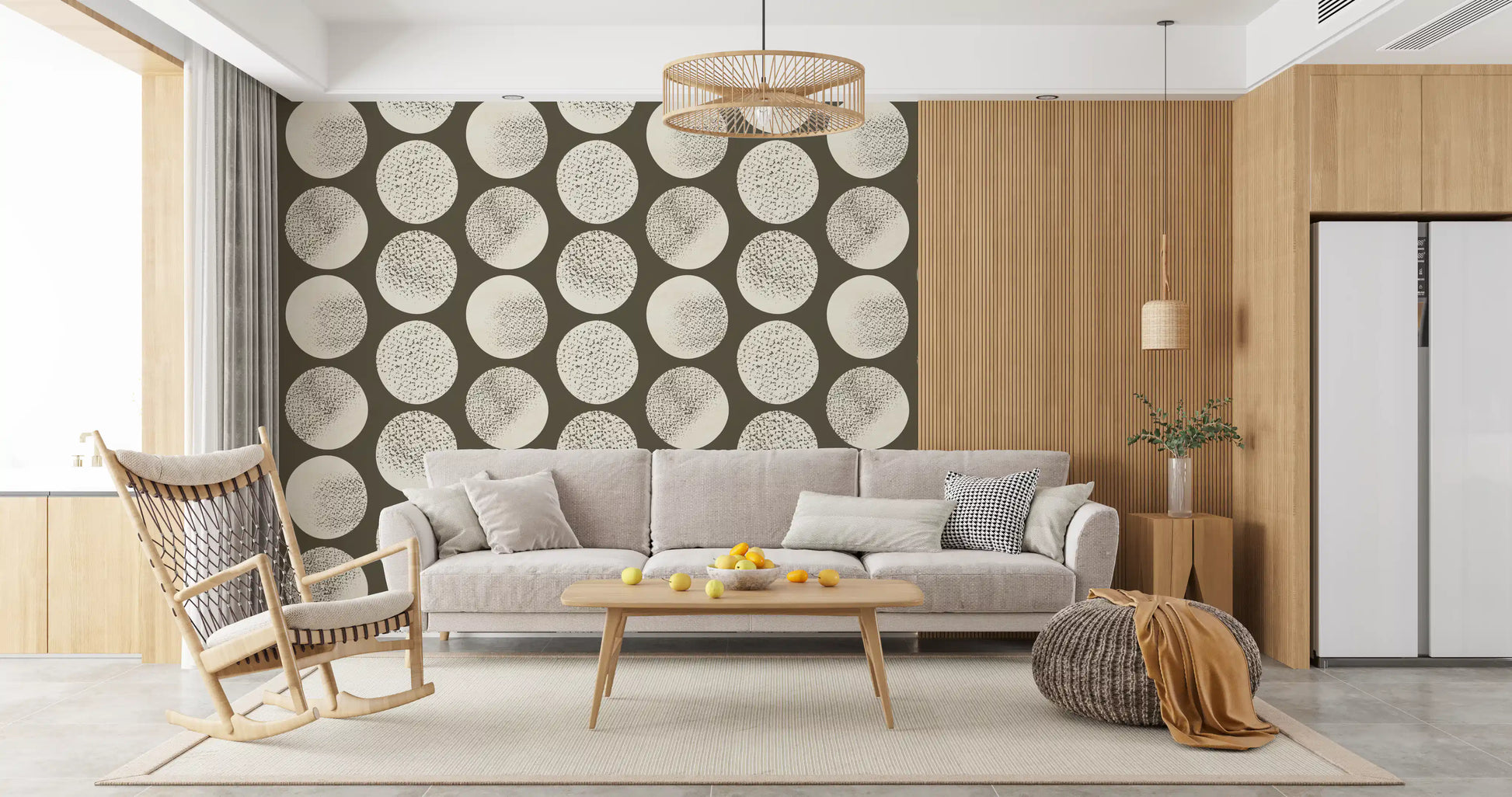 Hallway featuring cream circle wallpaper with bold brown contrast