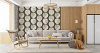 Hallway featuring cream circle wallpaper with bold brown contrast