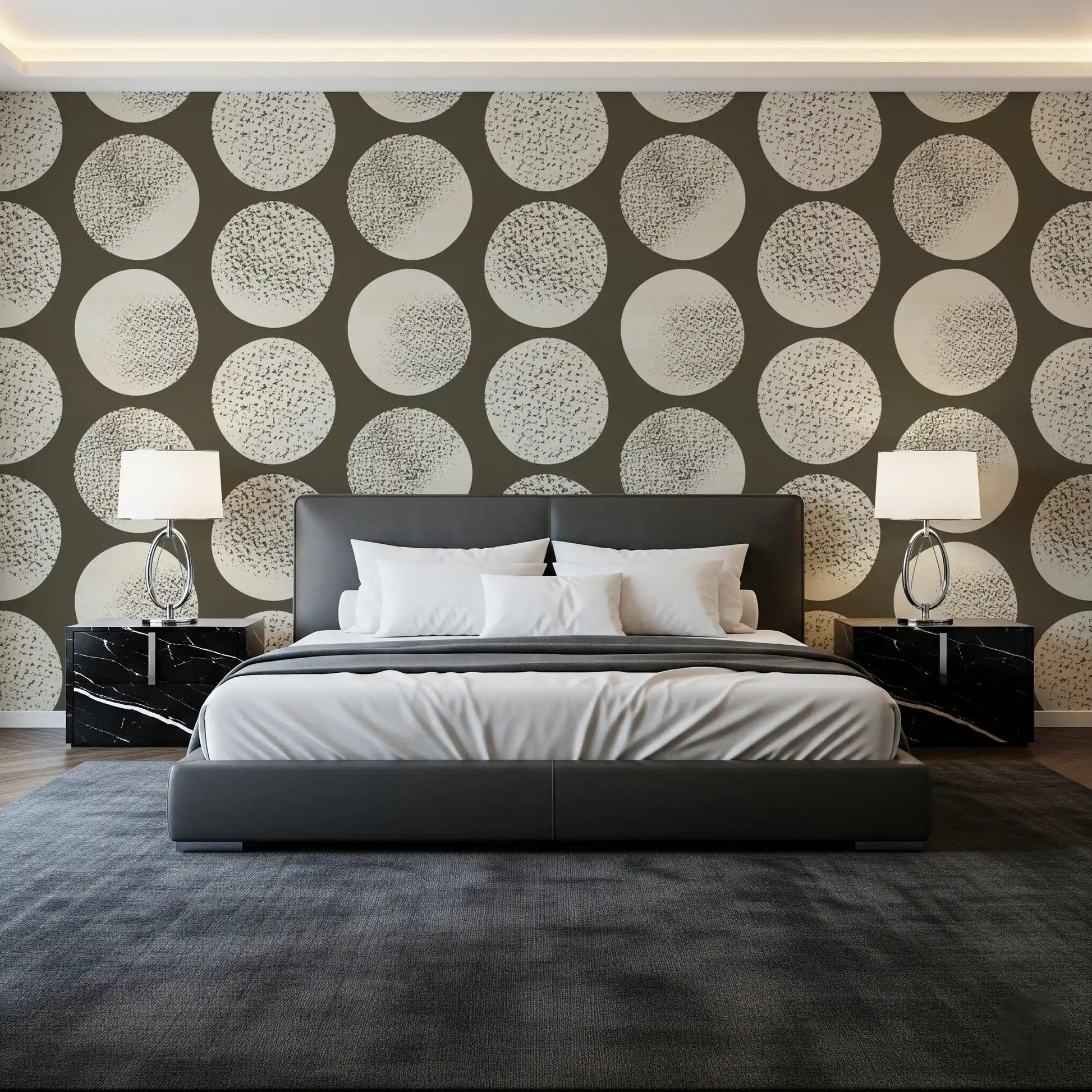 Cream polka dot wallpaper with large stippled circles on a dark base