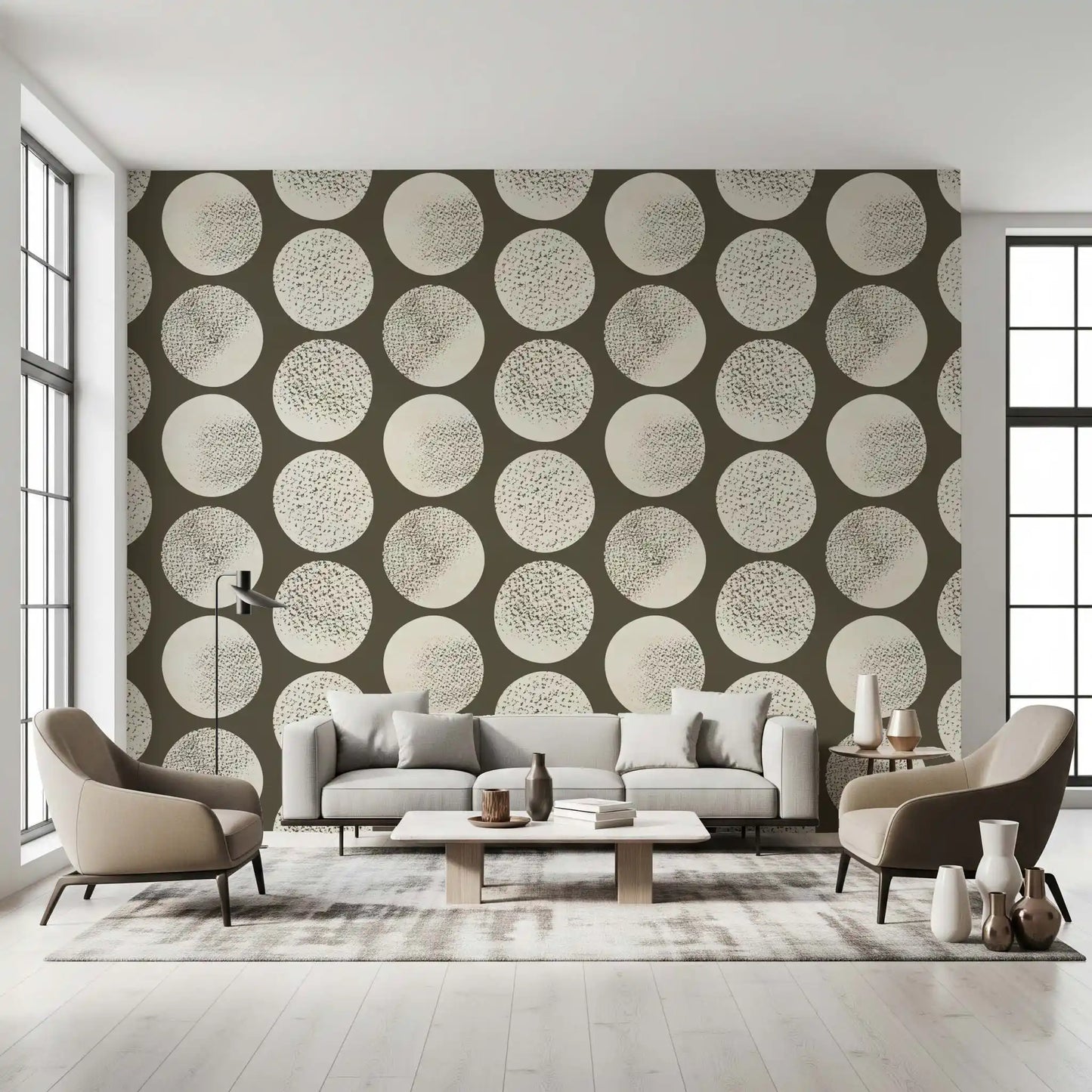 Brown and cream wallpaper showing circular forms with stippled texture