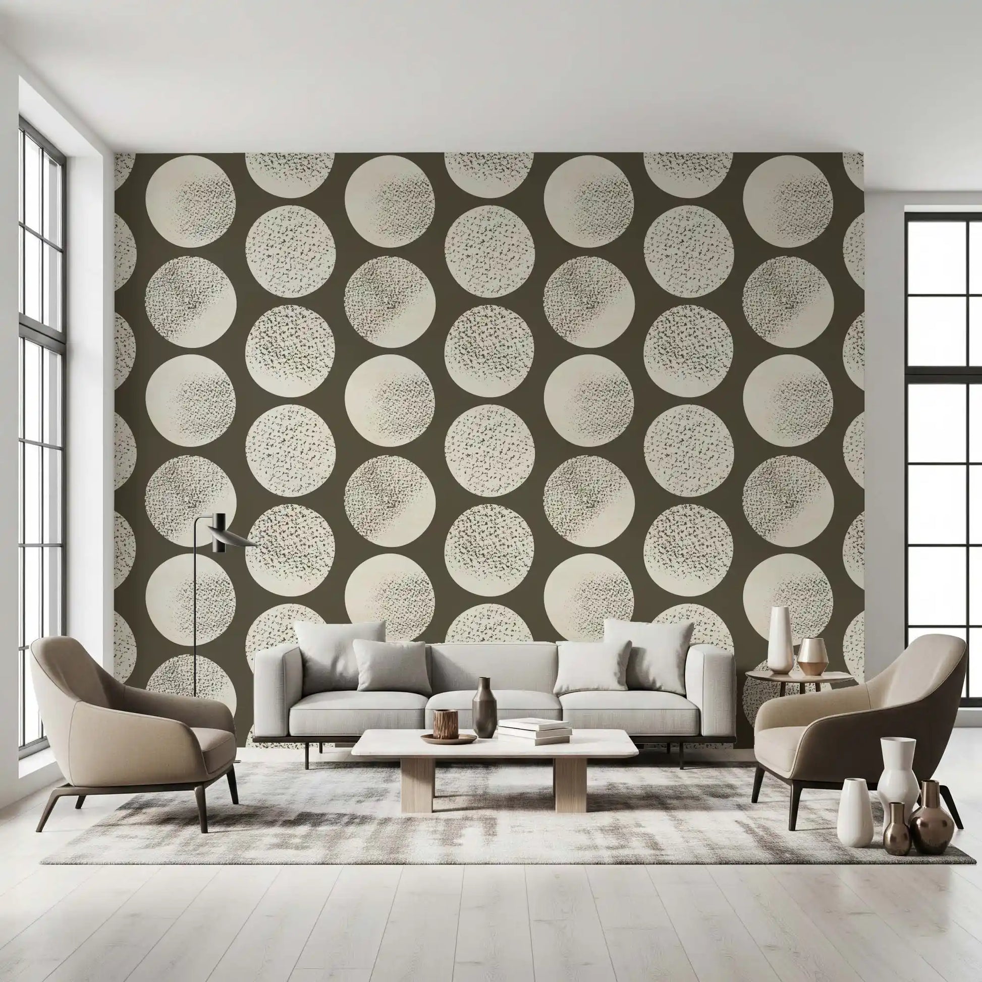 Brown and cream wallpaper showing circular forms with stippled texture
