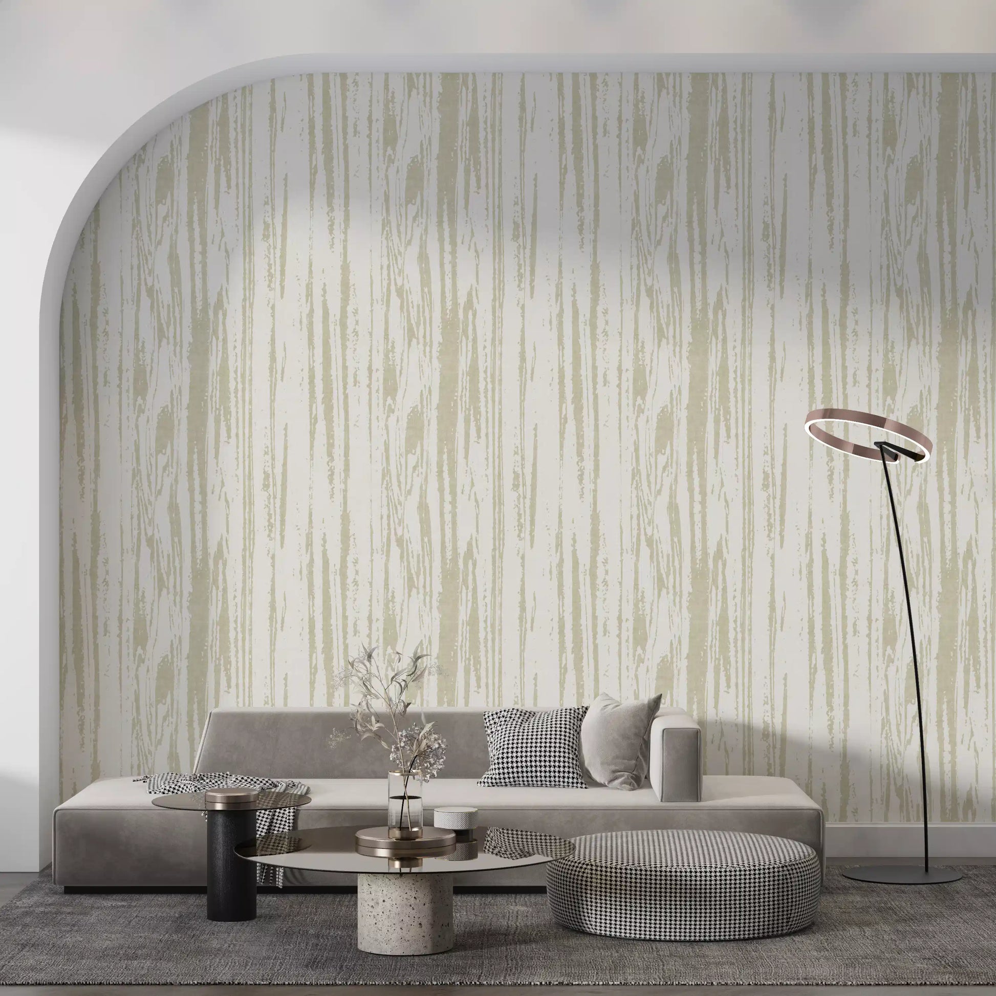 Office styled with light cream wallpaper and calm textured detail