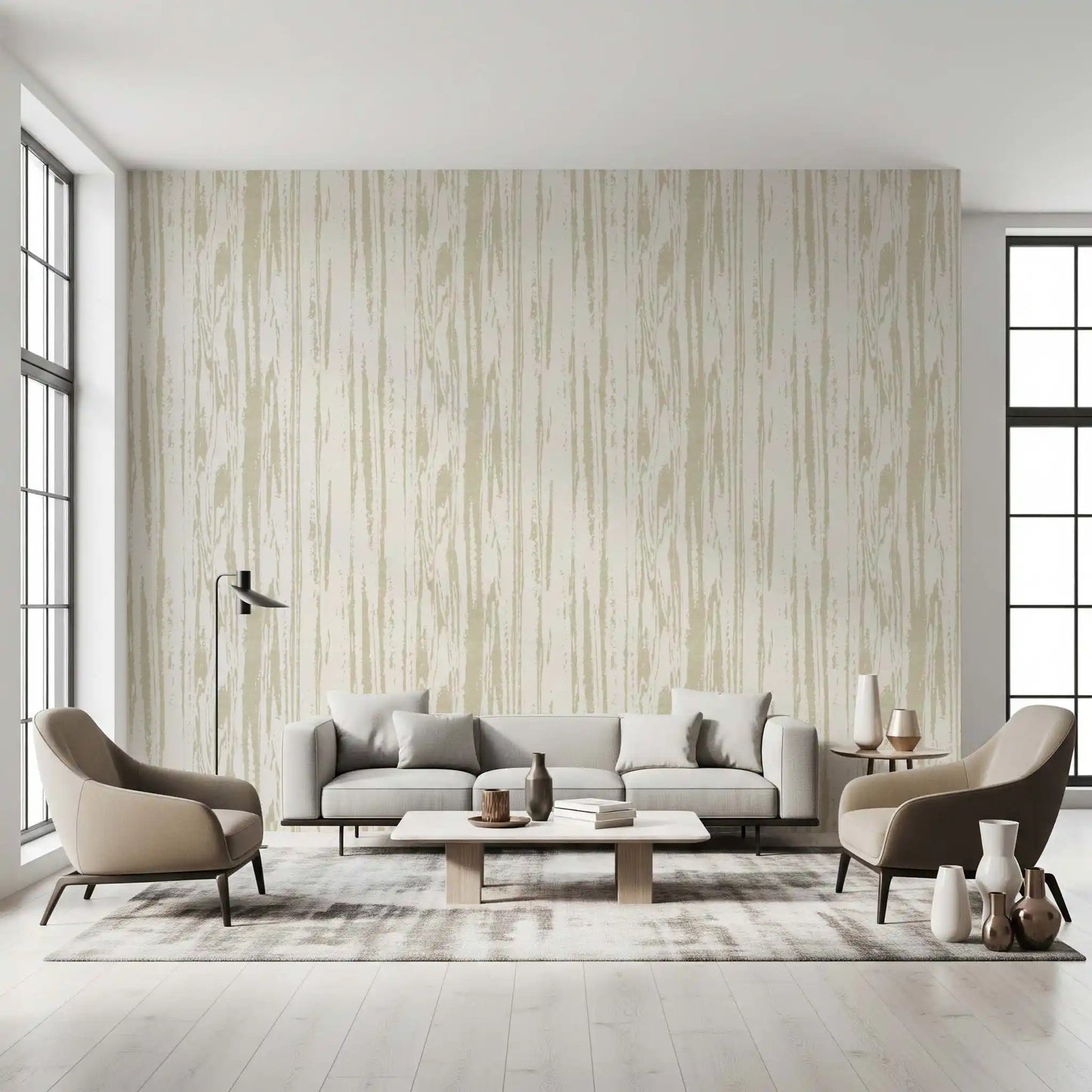 Living room with Ivory Cream Grain Wallpaper and soft vertical markings
