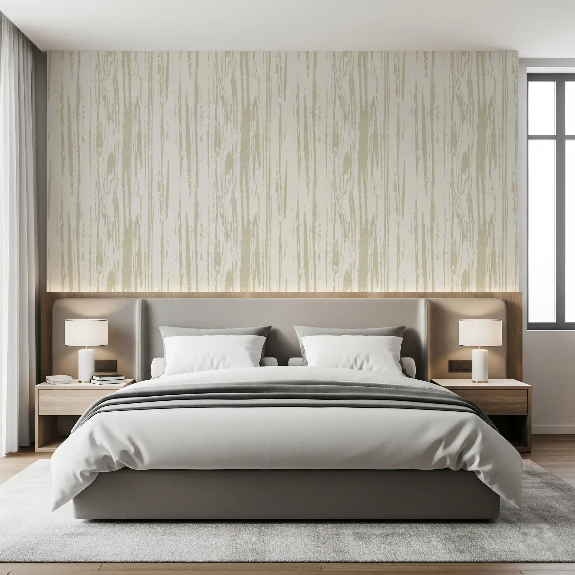 Bedroom finished in ivory cream wallpaper with gentle grain marks