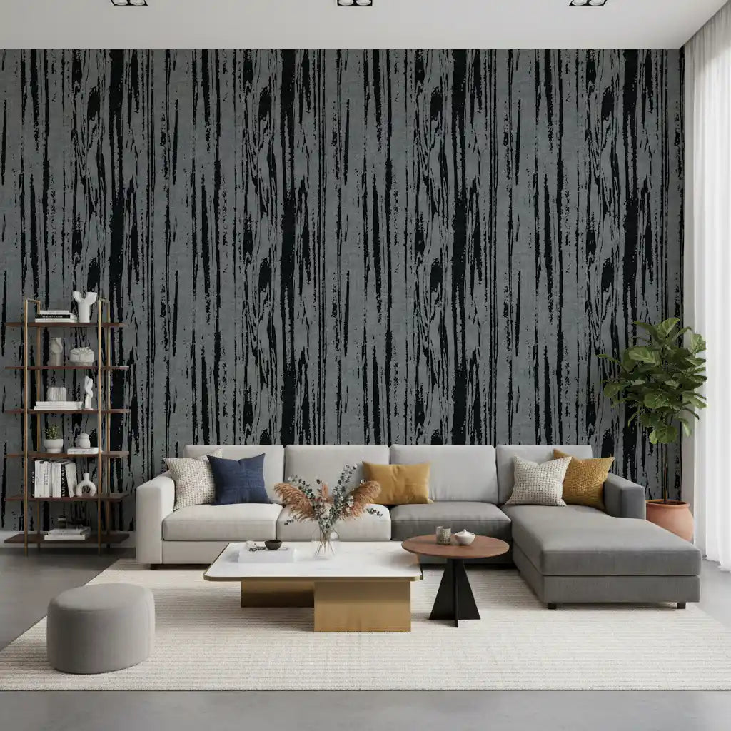 Modern Abstract Woodgrain Organic Lines Charcoal Grey Wallpaper⁠