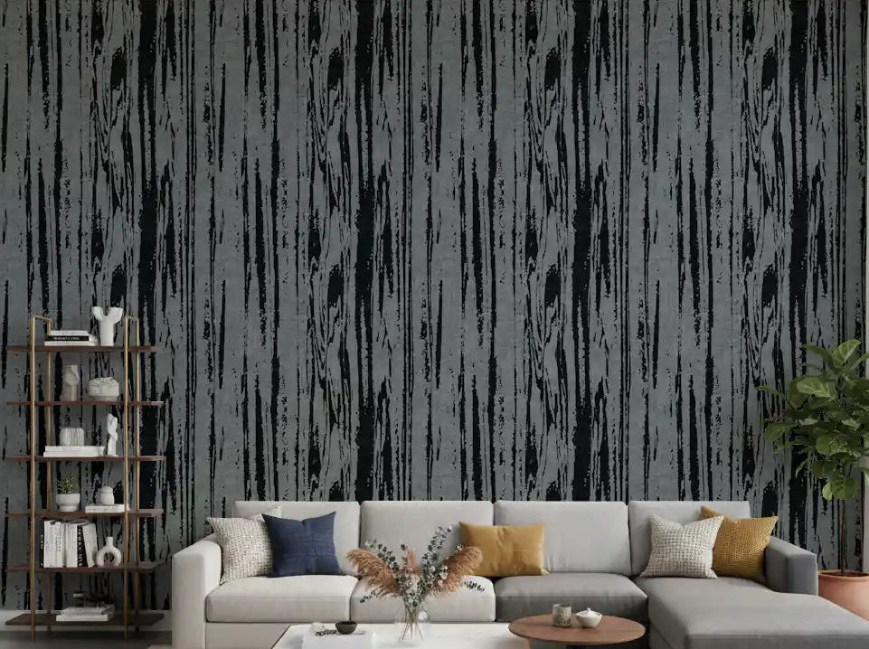 Living room with charcoal grey woodgrain wallpaper and abstract vertical grain lines