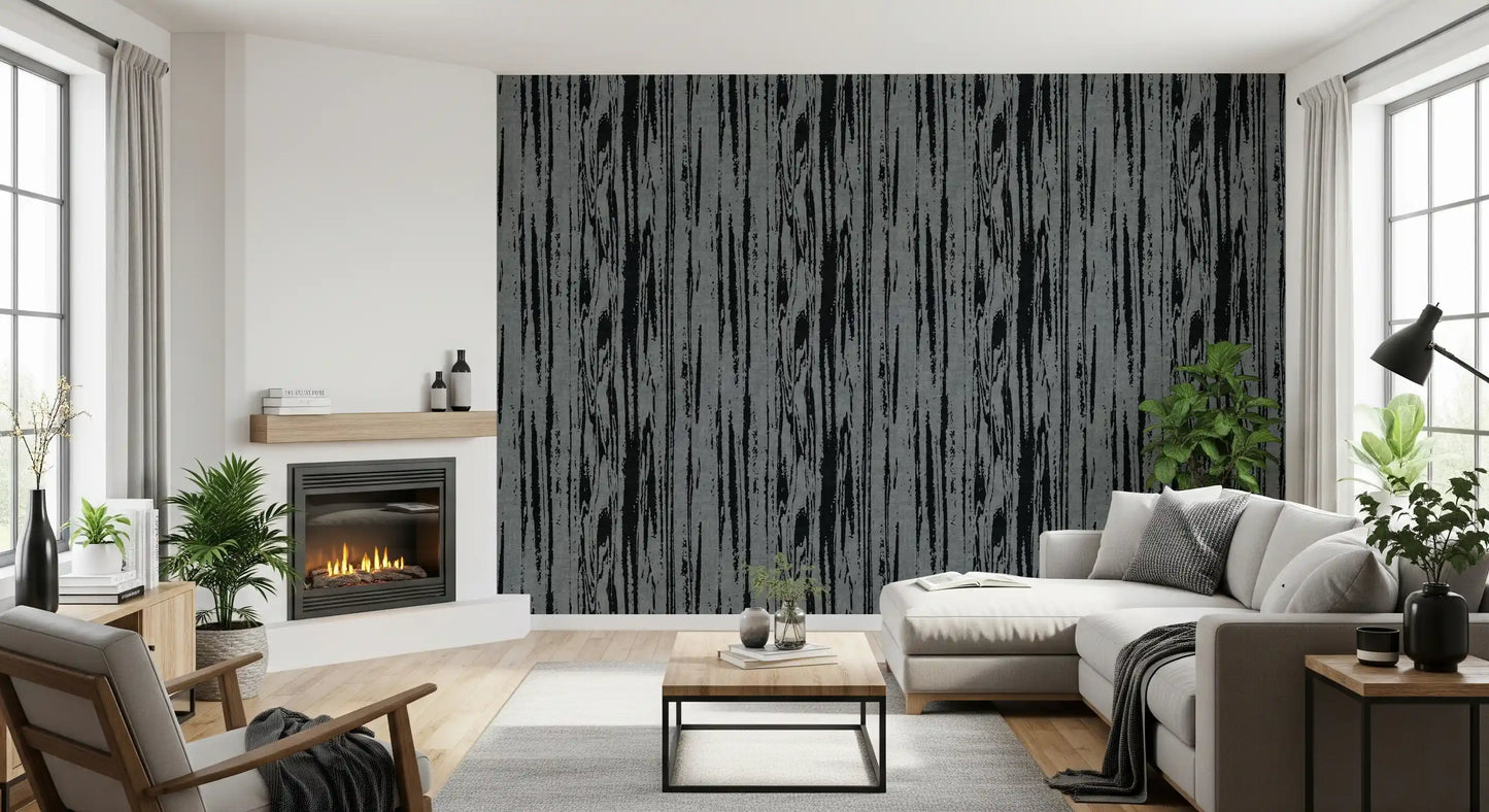 Modern Abstract Woodgrain Organic Lines Charcoal Grey Wallpaper⁠
