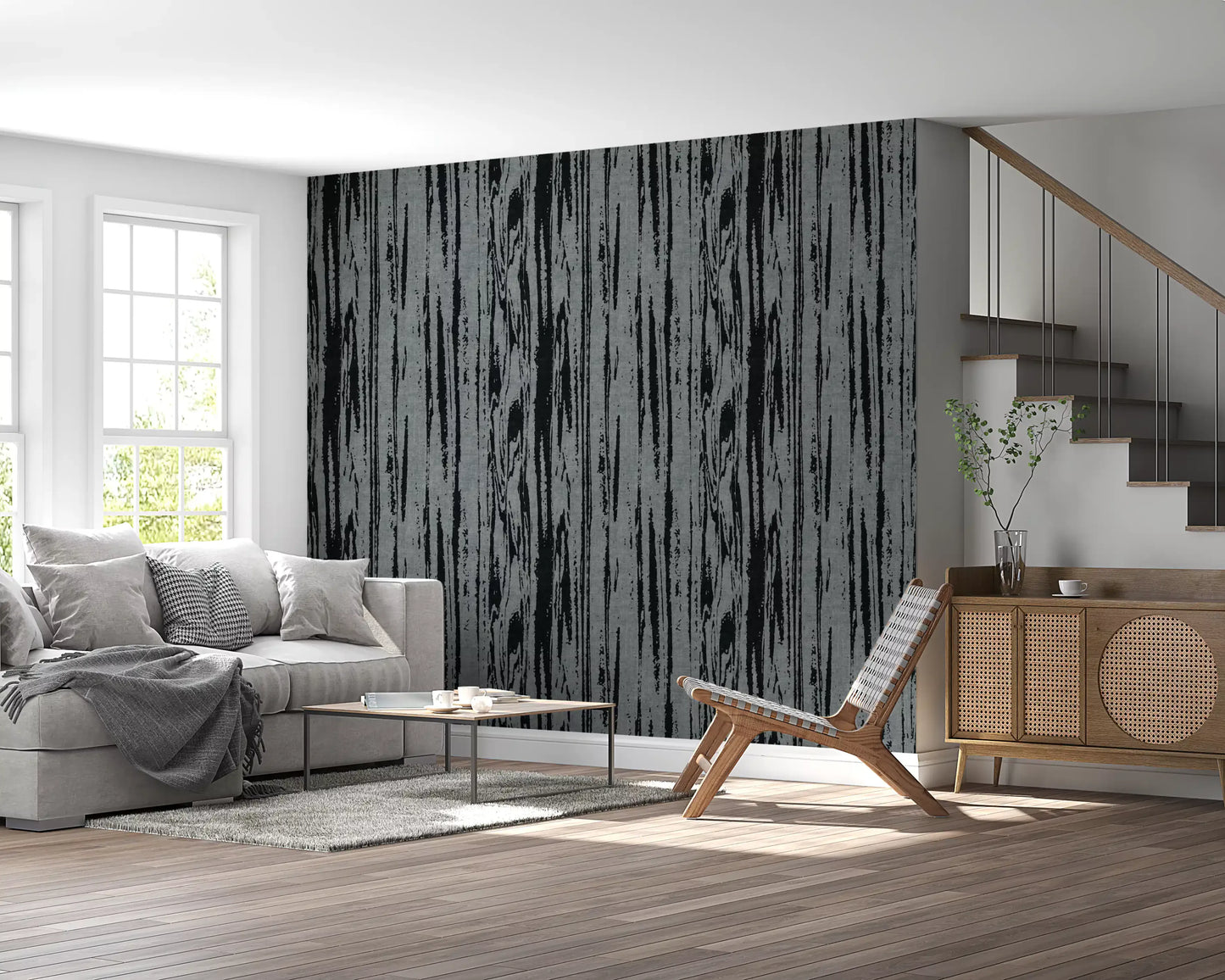Modern Abstract Woodgrain Organic Lines Charcoal Grey Wallpaper⁠