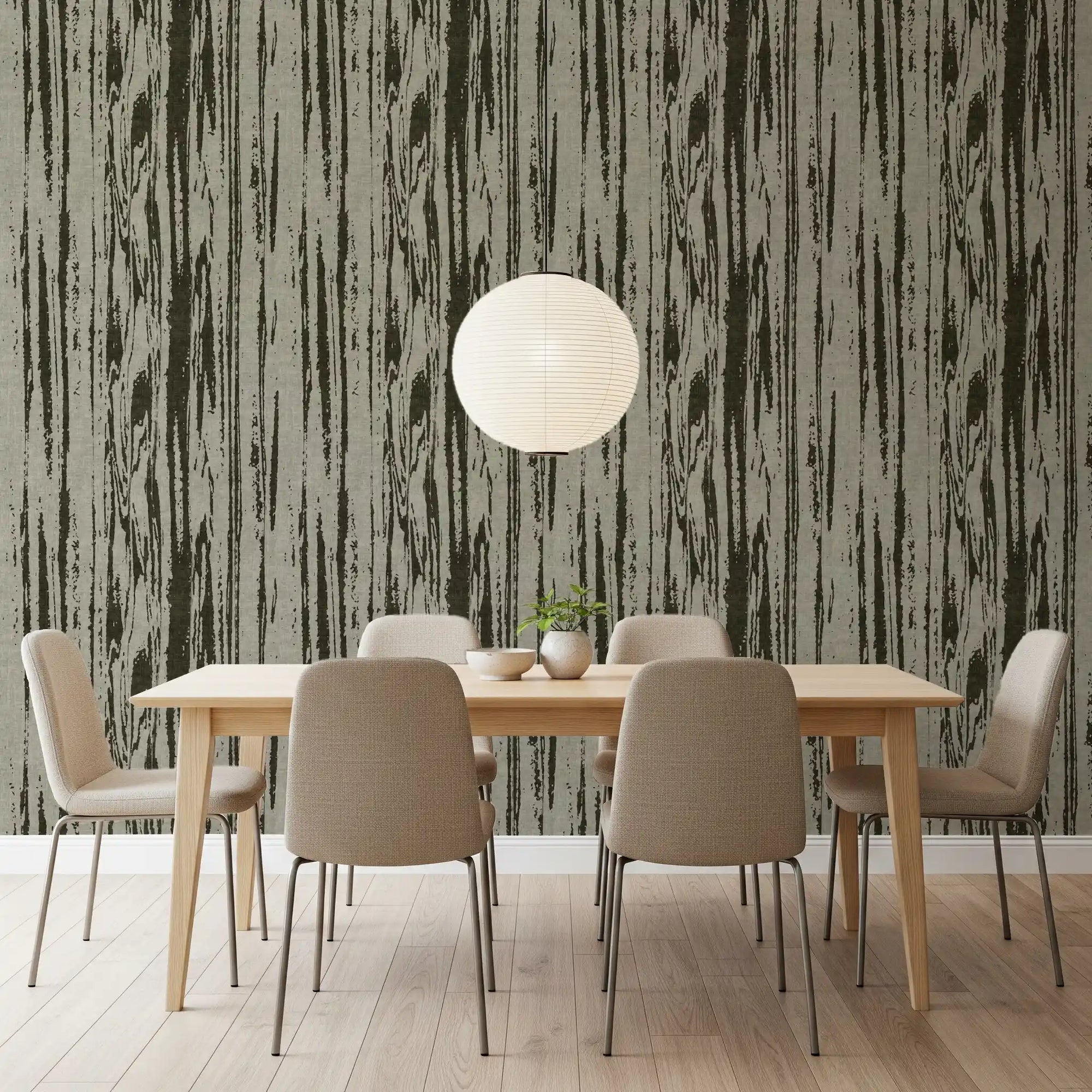 Dining room with green woodgrain wallpaper and layered abstract linework