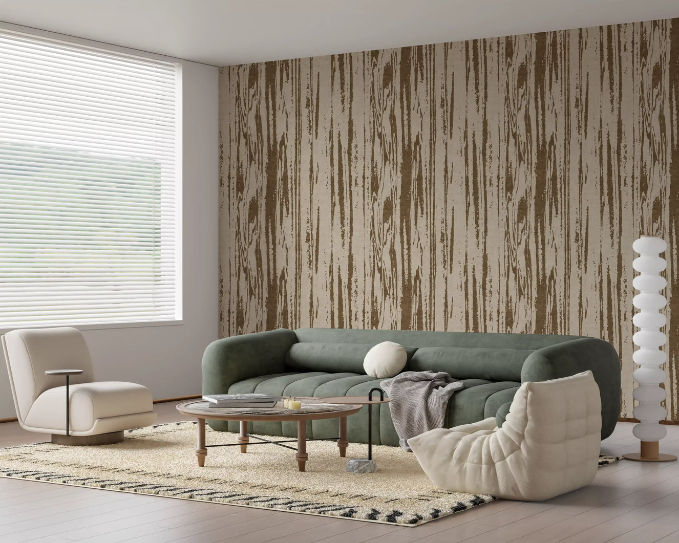 Living room with Oak Brown Woodgrain Wallpaper and abstract organic lines