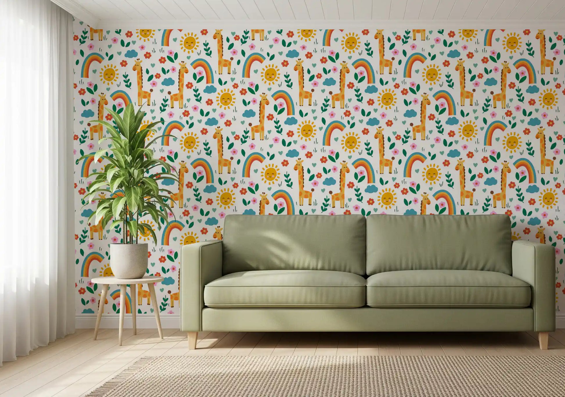Hallway wallpaper with smiling giraffes, rainbows and sunny suns