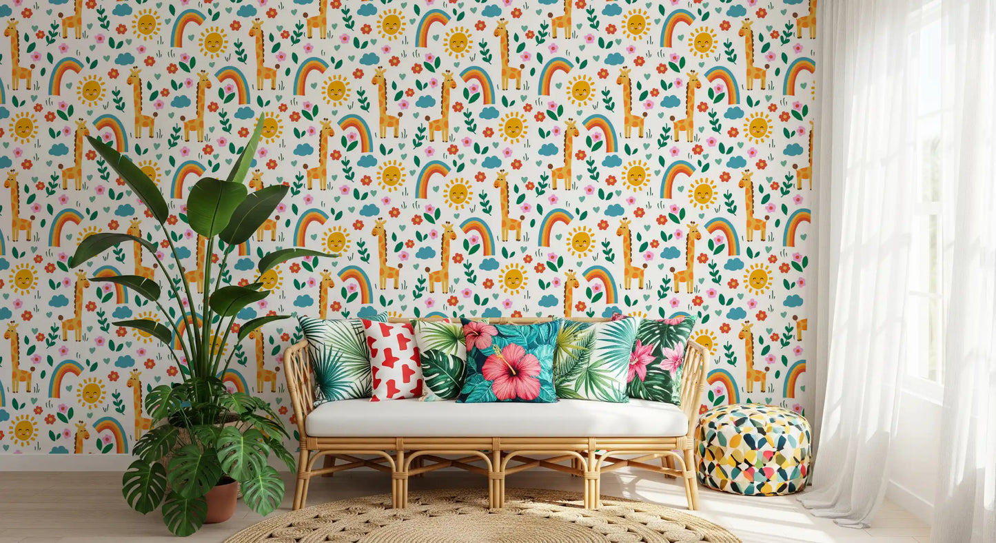 Home wall mural showing friendly giraffe and rainbow pattern