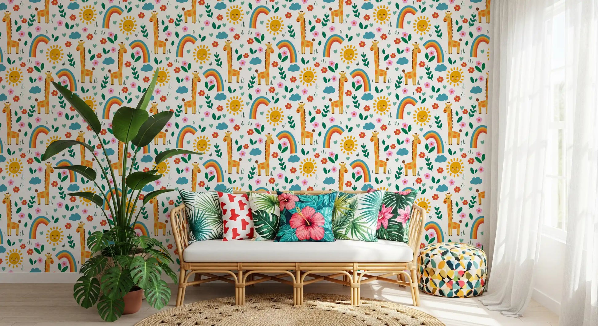 Home wall mural showing friendly giraffe and rainbow pattern