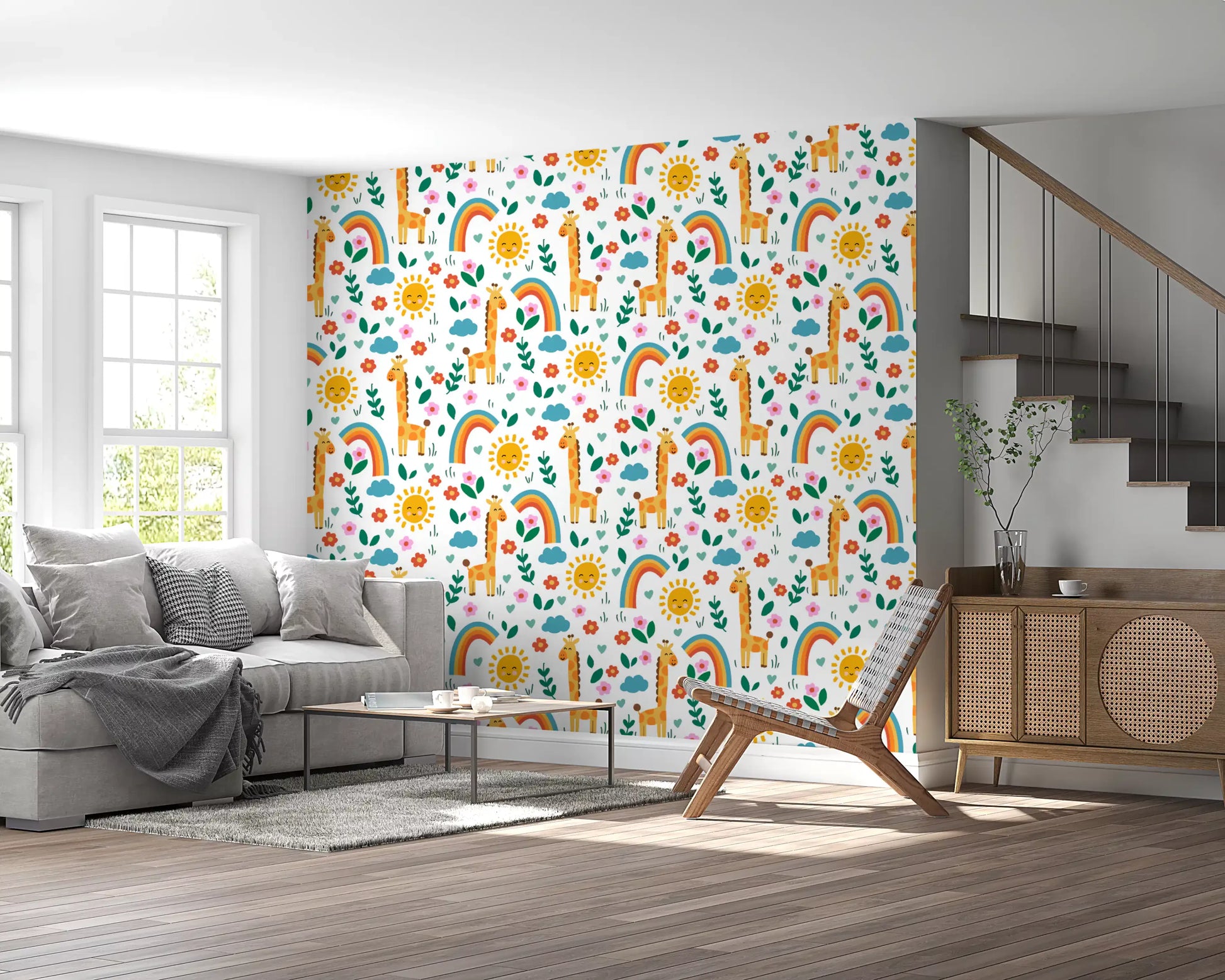 Living room wallpaper with cute safari giraffes and pink flowers