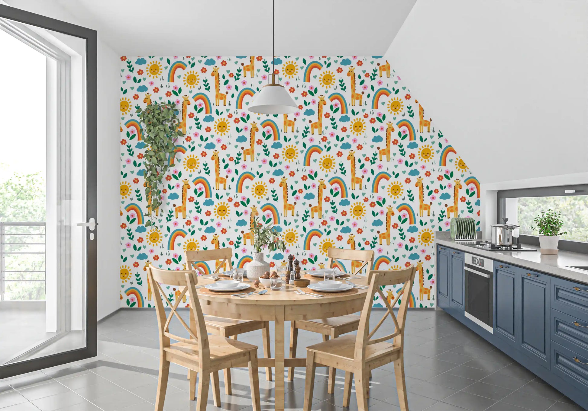 Kitchen area wallpaper featuring cartoon giraffes, clouds and rainbows 