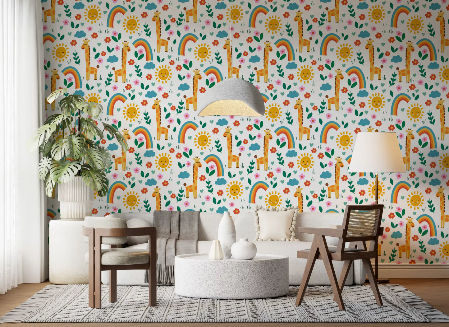 Hallway wall mural with safari giraffes and rainbow arcs 