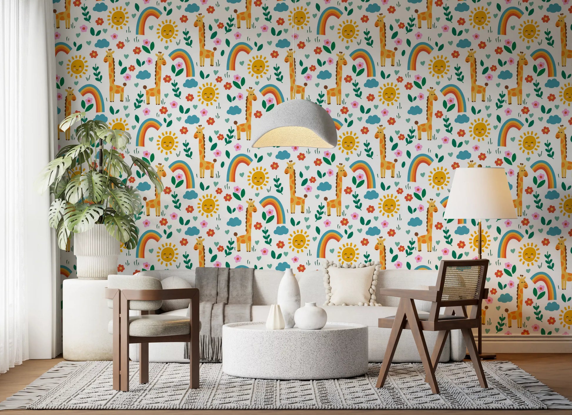 Hallway wall mural with safari giraffes and rainbow arcs 