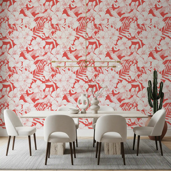 Dining room Tropical Florals wallpaper with Hummingbird and coral Summer Botanical line art