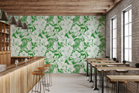 Tropical Florals and Hummingbird wallpaper with white flowers on green ground