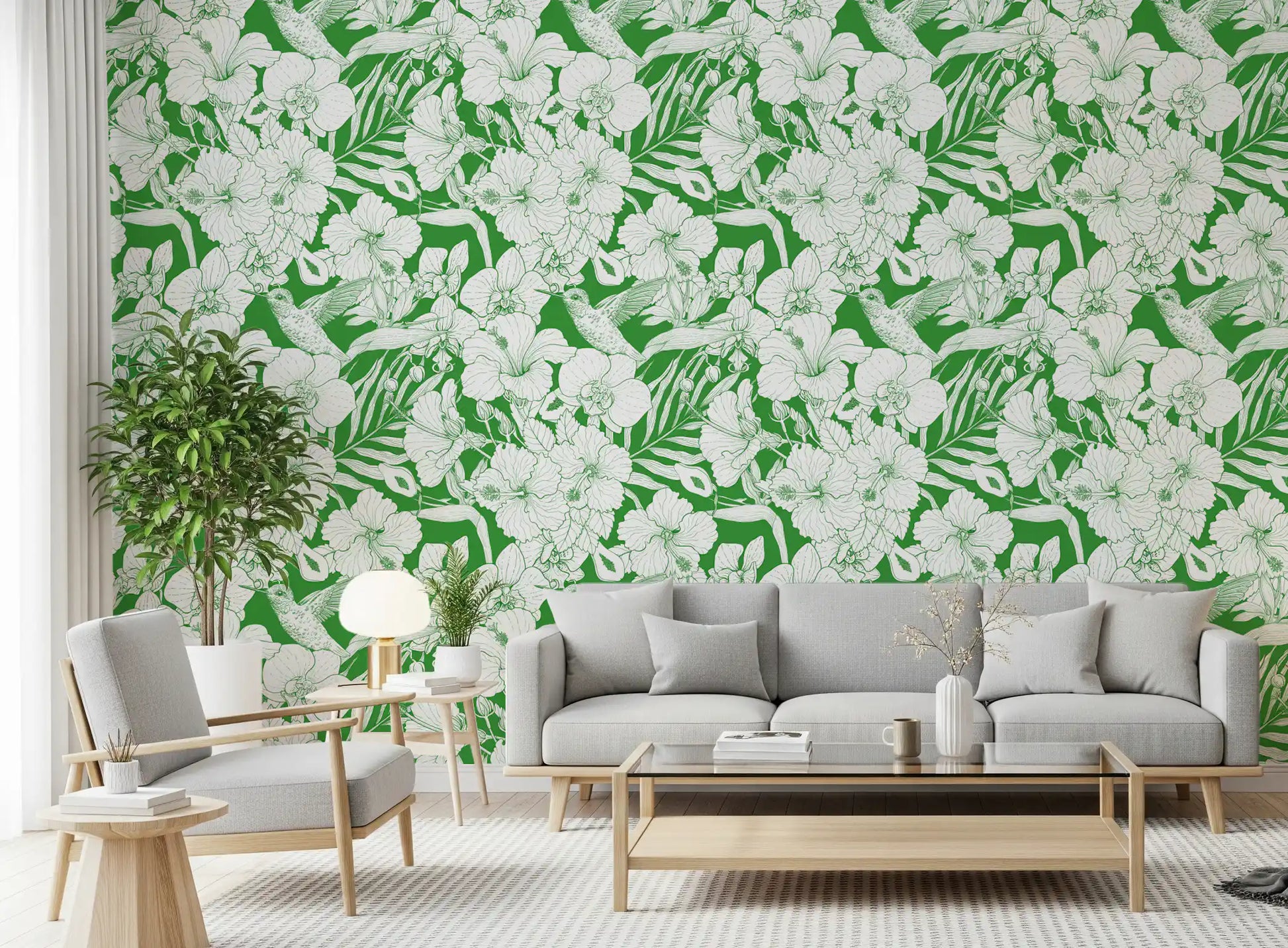 Hallway Hummingbird Wallpaper with tropical flowers on a bold green surface